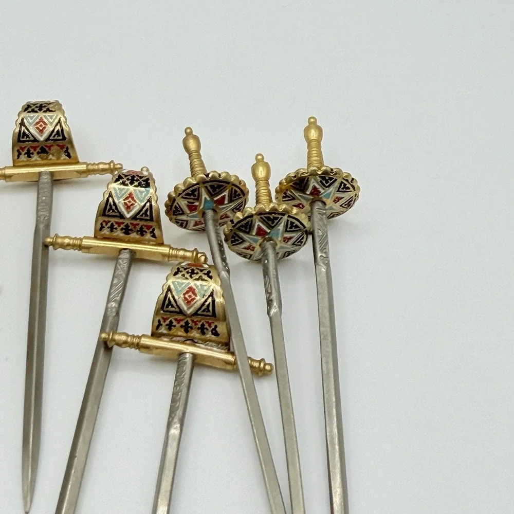 Vintage Toledo Sword Cocktail Toothpick Stand w/ 8 Swords Vintage Gold Spain